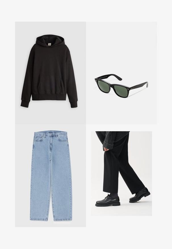 Černá mikina Levi's s klokaní kapsou vpředu a diskrétním logem vyšitým na prsou, vystavená na jednobarevném světlem pozadí.; Světle modré džíny s rovnými nohavicemi, středním pasem, pěti kapsami a zapínáním na knoflík a zip.; Černé kožené boty s kulatou špičkou, šněrovací design a silnou strukturovanou podrážkou. Noseny s dobře padnoucími černými kalhotami a žebrovaným svetr.; Černé plastové sluneční brýle se zelenými skly, čtvercové obroučky, stříbrný detail na obočí a texturované stranice. Značka uvedená na vnitřní straně stranic.; Kovové quartz hodinky se stříbrným nerezovým páskem, kulatým černým ciferníkem, bílými ukazateli hodin a datem zobrazeným na pozici 3 hodin. Voděodolné do 50 m.
