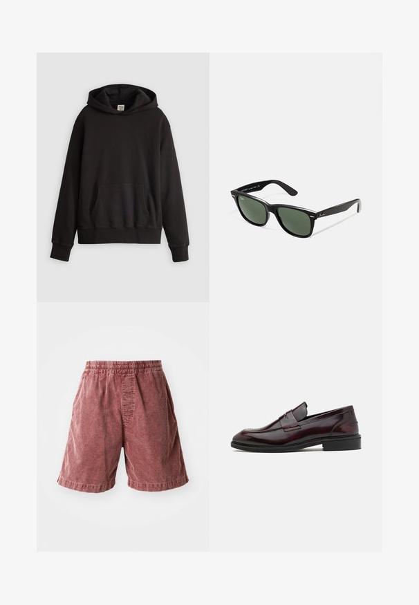 Fekete Levi's kapucnis pulóver elülső kenguruzsák zsebbel és diszkrét logóval hímzéssel a mellrészen, sima világos háttér előtt.; Rozsdabarna pamut rövidnadrág gumi derékkal, texturált felülettel és oldalzsebekkel, térd felett ér véget.; Burgundi bőr loaferek sima felülettel, téglalap alakú elülső díszítéssel és kerek orral, fekete gumitalppal.; Fekete műanyag napszemüveg zöld lencsékkel, négyzet alakú kerettel, ezüst díszítéssel a keret felső részén, valamint texturált szárakkal. A márka neve a belső száron található.