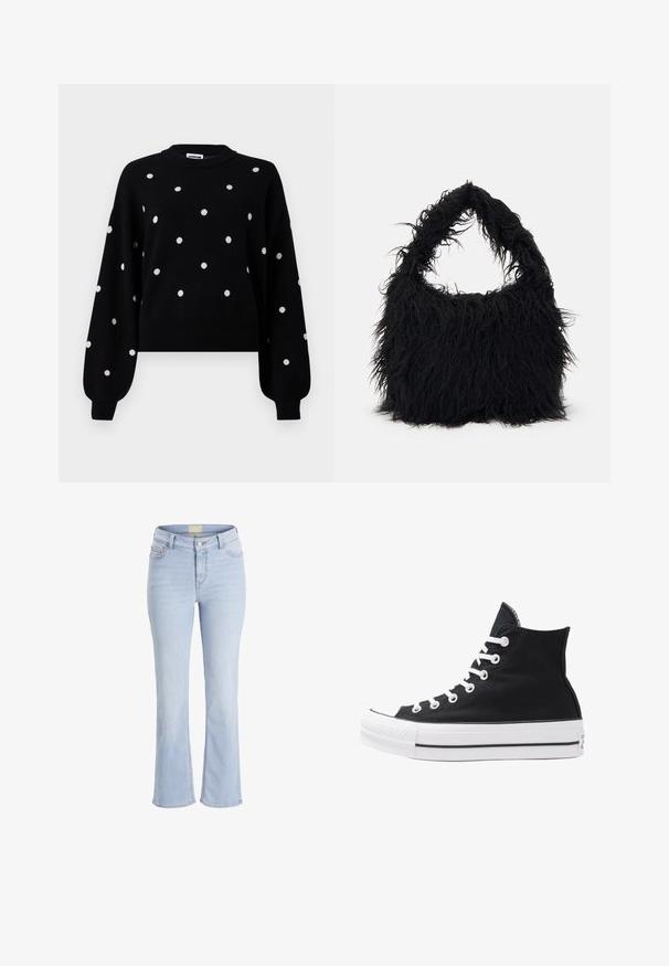 Melna džemperis ar baltām punktiņām, apaļa kakla izgriezums un garas piedurknes. Izgatavots no mīksta materiāla ar ribotām piedurknēm un apakšmalu.; Gaiši zili zili džinsi ar platu kāju, augsto jostu, pieciem kabatām un rāvējslēdzēju. Ir viegls mazgājums un piegriezuma detaļas uz šuvēm.; Augstie melnie kanvas sporta apavi ar baltām acs caurumiem, auklām un gumijas zoli. Iespējamais teksturēts purngals un melnbaltas svītras.; Even&Odd Maisiņveida soma - black