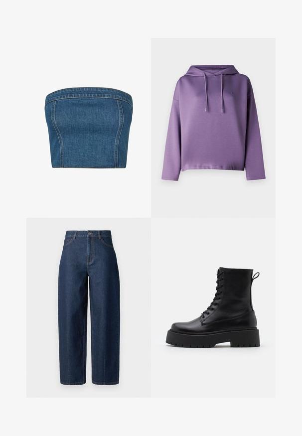 Sweatshirt roxo com capuz, mangas longas, bainha canelada e cordões. Textura suave e detalhe do logotipo no peito. Corte casual.; Top de ganga sem alças em azul escuro, com um ajuste estruturado, costuras laterais e costura visível nas bordas para um detalhe adicional.; Jeans de ganga azul escuro de cintura alta e perna reta com fecho de botão, passantes para cinto e bolsos dianteiros e traseiros sobre um fundo branco.; Botas de couro pretas até ao tornozelo, com bico redondo, atacador na frente e uma sola de borracha espessa com um padrão texturizado. Alça na parte de trás.