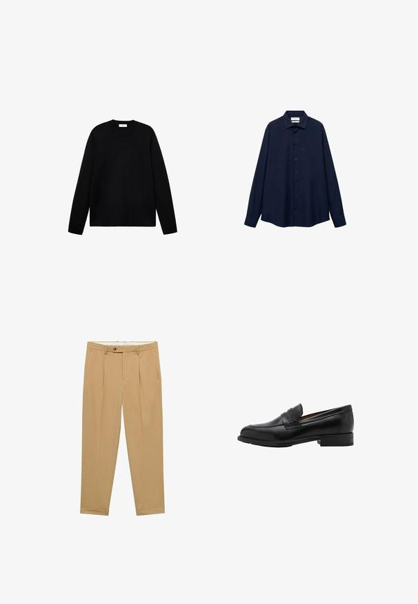 Schwarzer Rundhalsausschnitt-Pullover, lange Ärmel, gerippter Kragen und Bündchen, weiche Textur, minimalistisches Design. Keine sichtbaren Muster oder Beschläge.; Marineblaues Hemd mit Knöpfen, Kragen, langen Ärmeln und geradem Saum. Verfügt über eine glatte Textur und fünf Knöpfe auf der Vorderseite.; Khakifarbene Anzughosen mit maßgeschneidertem Design, ausgestattet mit zwei vorderen Taschen, einem einzigen Knopfverschluss und einem glatten, leichten Stoff.; Schwarze Leder-Löcher mit genähtem Vorderteil und flachem Absatz. Glatte Textur mit runder Zehenform und einem dekorativen Riemen über dem Spann.