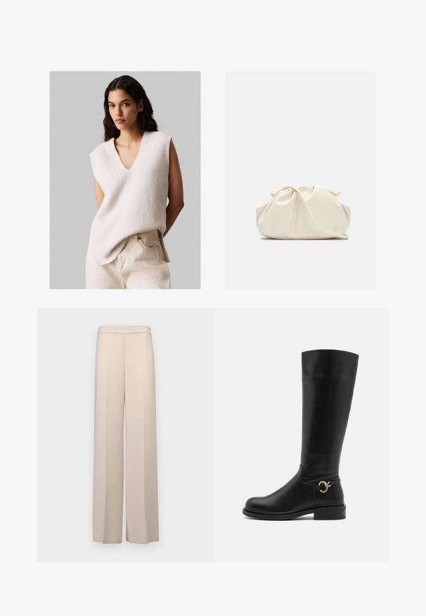 Nainen, jolla on pitkät tummat hiukset, pukeutunut ilman hihoja olevaan kermaiseen neuleeseen, jossa on V-pääntie, ja vaaleanbeigeihin korkeavyötäröisiin housuihin, seisoo yksinkertaista harmaata taustaa vasten.; Beige leveled pants in a smooth fabric, featuring a high waist and subtle front pleats. No pockets or visible hardware details.; Anna Field Wide Fit Saappaat - black; Kermapunah, tas faux leather lembut dengan desain berkerut, tali yang dapat disesuaikan, dan penutupan tali yang halus. Tekstur mulus dan bentuk bulat.