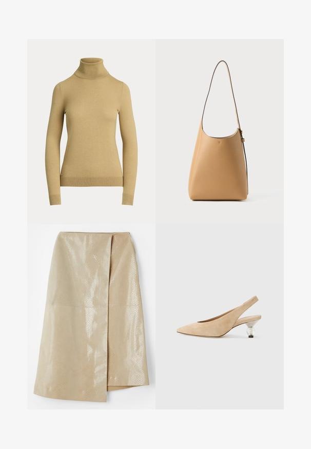 Turtleneck sweater in light beige, made of a smooth, soft knit. Features long sleeves and a fitted silhouette with a ribbed hem.; Beige faux leather skirt with a glossy, textured snake-skin pattern; features a wrap design and a side slit for added detail.; Beige suede slingback shoe with a pointed toe and a transparent, rounded heel. Smooth texture and minimalist design.; Leather shoulder bag in light tan with a smooth texture, minimalist design, a single curved strap, and subtle hardware detailing.