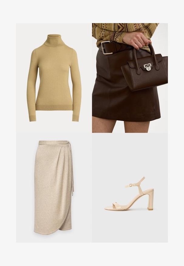 Švarkas su aukštu kaklu šviesiai smėlio spalvos, pagamintas iš lygios, minkštos mezgimo medžiagos. Turi ilgas rankoves ir prigludusią siluetą su raštuotu apvadu.; Šviesiai ruda suvyniota sijonas, pagamintas iš minkštos, tekstūruotos medžiagos su subtiliu blizgesiu. Sijonas turi surištą liemenį ir laisvai krentantį dizainą su švelniai kreivai nutraukta apatine dalimi.; Šviesiai rudos spalvos aukštakulniai sandalai su kulkšnies dirželiu ir auksiniu užsegimu, atvira nosimi ir blokuotu kulnu ant balto fono.; Ruda oda rankinė su tekstūruotu paviršiumi ir sidabrinėmis detalėmis, laikoma rankoje šalia rudos odinės sijono ir raštuoto megztinio.