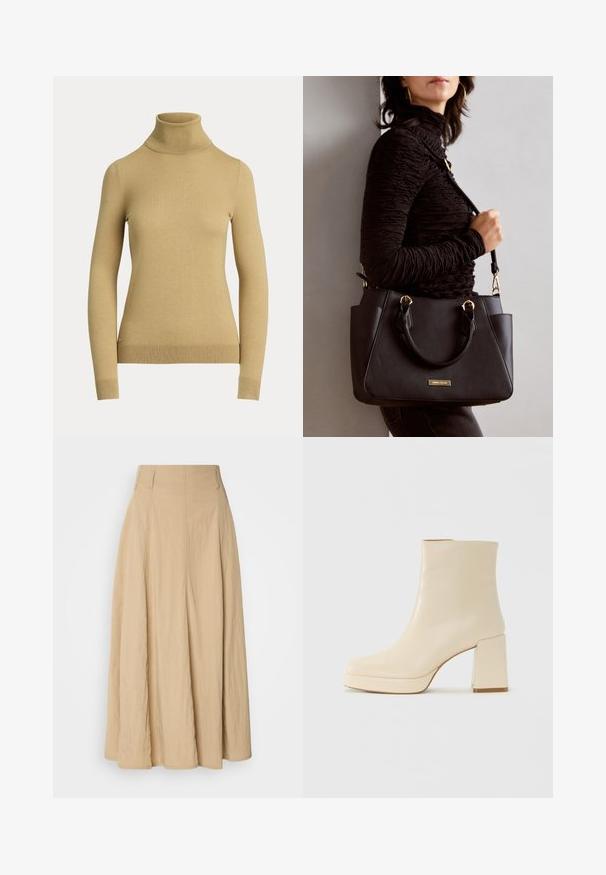 Svetr s vysokým límcem v světle béžové barvě, vyrobený z hladkého, měkkého úpletu. Má dlouhé rukávy a přiléhavý střih s žebrovaným lemem.; Béžová, vysoká maxi sukně z texturované látky, s plisováním, které plynule sestupuje dolů, s čistým a jednoduchým designem bez viditelných vzorů.; Béžová kožená kotníková bota s blokovým podpatkem a platformovou podrážkou, hladký povrch a mírně čtvercová špička, otočená vlevo na bílém pozadí.; Černá kabelka s texturovaným povrchem, dvojitými horními uchy a nastavitelným ramenním popruhem. Obsahuje zlaté kovové prvky a boční kapsy.