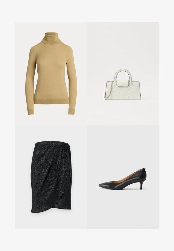 Turtleneck sweater in light beige, made of a smooth, soft knit. Features long sleeves and a fitted silhouette with a ribbed hem.; Black wrap skirt with a textured, shimmering finish. Features a tie at the waist and a draped design for a sleek silhouette.; Black leather pump with a pointed toe, low heel, and a smooth texture. Features a slight opening at the front and minimal hardware at the back.; Quilted white handbag with a structured design, top handle, detachable chain strap, and a raised logo on the clasp.