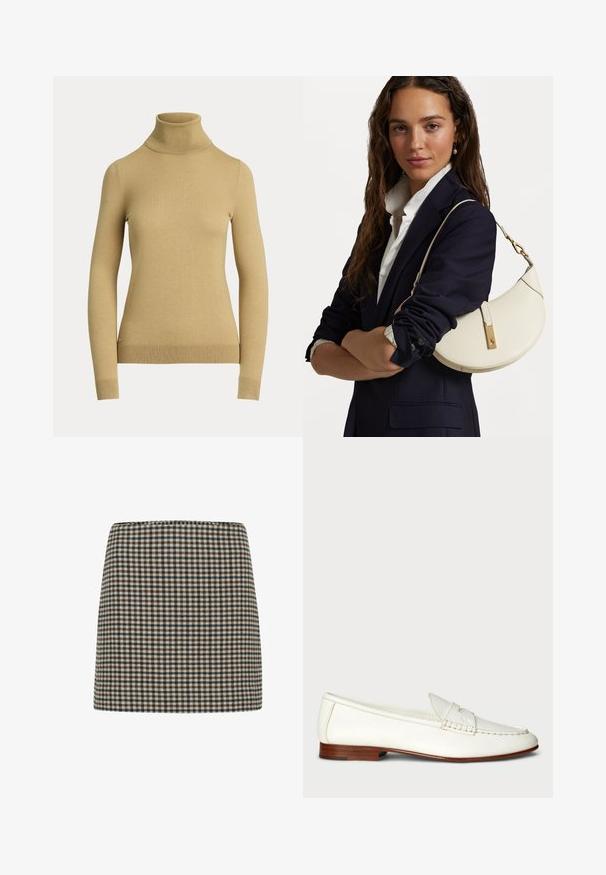 Világos bézs garbó pulóver, sima, puha kötésből készült. Hosszú ujjak és testhez simuló szabás jellemzi, bordázott aljúval.; Kockás mini szoknya fekete, barna és krém színekben. Strukturált forma, magas derékkal. Puha szövet textúra egységes rács mintával.; Fehér bőr loaferek texturált felülettel, kerek orral és szőtt díszítéssel. Alacsony fából készült sarkakkal és minimalista dizájnnal.; Fehér bőr táska ívelt formával, arany kiegészítőkkel és texturált felülettel, sötét zakó és fehér ing fölött viselve.