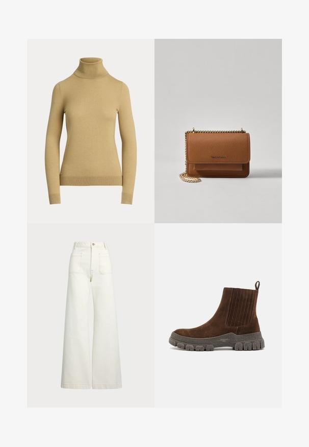 Pulover cu guler înalt, de culoare bej deschis, realizat dintr-un tricot neted și moale. Are mâneci lungi și o siluetă ajustată, cu o margine ribbed.; Jeans cu picioare late din denim alb-crem. Design cu talie înaltă, cu închidere prin nasture, două buzunare frontale și detalii cu cusături contrastante.; Weekend Max Mara GENEPI - Botine cu platformă - moro; Geantă crossbody din piele texturată maro, cu curea din lanț aurit și închidere cu clapetă. Partea din față prezintă detalii cu logo și o buzunar sub clapetă.