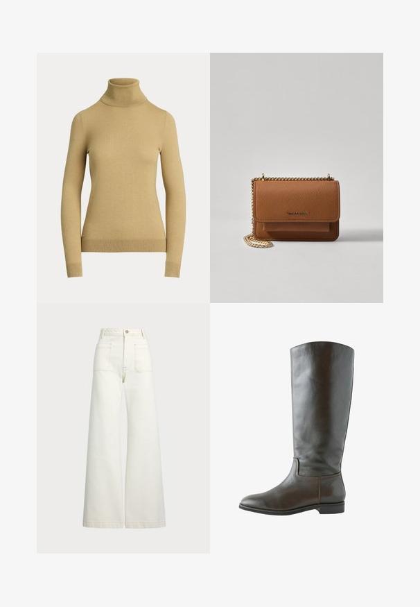 Világos bézs garbó pulóver, sima, puha kötésből készült. Hosszú ujjak és testhez simuló szabás jellemzi, bordázott aljúval.; Széles szárú farmernadrág off-white denim anyagból. Magas derekú dizájn, gombos záródással, két elülső zsebbel és kontrasztos varrási részletekkel.; Barna bőr, térdig érő csizma sima textúrával, lekerekített orral és minimális varrási részletekkel. Talpa lapos, alacsony sarkú.; Barna textúrájú bőr keresztbody táska arany lánc pánttal és fedélzárral. Az elején logó részlet és egy zseb található a fedél alatt.