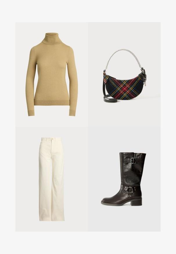 Maglione a collo alto in beige chiaro, realizzato in un maglione morbido e liscio. Presenta maniche lunghe e una silhouette aderente con un orlo a coste.; Polo Ralph Lauren COTTON CORDUROY WIDE-LEG PANT - Pantaloni - warm white; Stivale in pelle marrone fino al ginocchio con punta arrotondata, dettaglio fibbia laterale e tacco spesso. Texture liscia con accenti metallici sulla fascetta.; Borsa a patttern tartan realizzata in misto lana, con forma a mezza luna, manico in catena argentata e tracolla rimovibile in pelle nera.