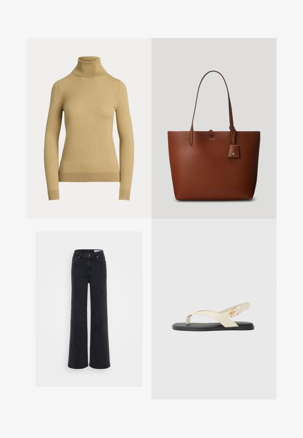 Ζακέτα με ψηλό λαιμό σε ανοιχτό μπεζ χρώμα, φτιαγμένη από έναν απαλό και λείο πλέγμα. Διαθέτει μακριά μανίκια και εφαρμοστή γραμμή με ριμπ τελείωμα.; Μαύρα φαρδιά τζιν παντελόνια από denim, με ψηλή μέση, κλείσιμο με κουμπί και πορτοκαλί ραφές. Λείο υλικό με ελάχιστη φθορά.; Πλατύ σανδάλι με μαύρη σόλα. Η επάνω πλευρά διαθέτει διασταυρούμενες λωρίδες σε μπεζ χρώμα, με χρυσή λεπτομέρεια στη λωρίδα του αστραγάλου. Λείο υλικό.; Καφέ τσάντα tote από δερμάτινη υφή με δύο λαβές, μια μικρή προσαρτημένη ετικέτα και διακριτό λογότυπο στο μπροστινό μέρος. Λείος υφής με δομημένο σχήμα.