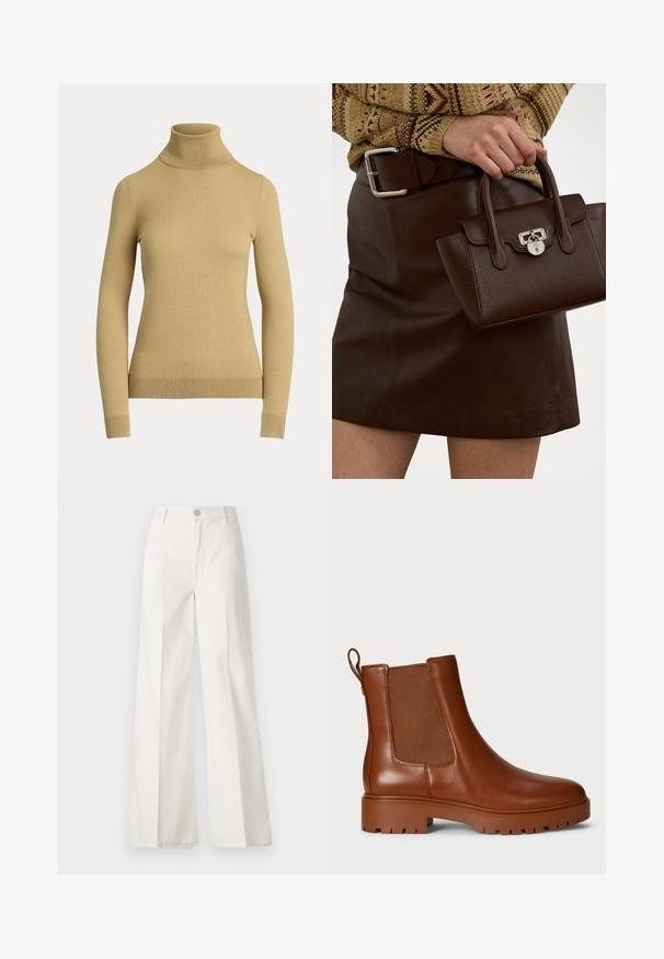 Suéter de gola alta em bege claro, feito de um malha suave e lisa. Apresenta mangas longas e uma silhueta justa com uma bainha canelada.; Calças largas brancas feitas de algodão com uma textura suave. Apresenta um botão frontal, fecho de correr e um design de quatro bolsos.; Botas de tornozelo em couro castanho com painéis laterais elásticos, uma alça de puxar e um design de sola robusta. Textura suave com uma silhueta elegante.; Mala de couro castanho com um acabamento texturizado e ferragens prateadas, segurada com uma mão ao lado de uma saia de couro castanho e um suéter com padrão.