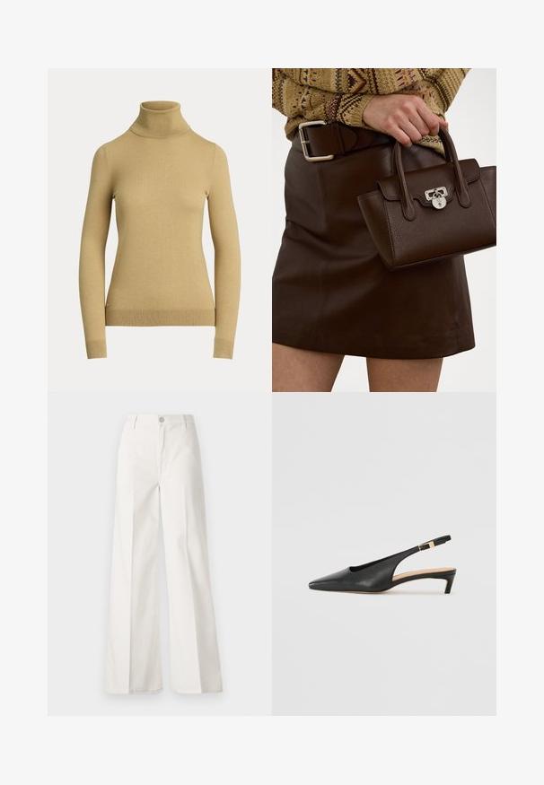 Jersey de cuello alto en un beige claro, hecho de un punto suave y liso. Presenta mangas largas y una silueta ajustada con un dobladillo acanalado.; Pantalones de pierna ancha blancos hechos de algodón con una textura suave. Cuenta con un botón delantero, cremallera y un diseño de cuatro bolsillos.; Tacón de piel negra tipo slingback con punta afilada, tacón bajo y una correa para el tobillo ajustable que cuenta con una hebilla en tono dorado. Textura suave.; Bolso de mano de cuero marrón con un acabado texturizado y herrajes plateados, sostenido con una mano al lado de una falda de cuero marrón y un suéter con estampados.