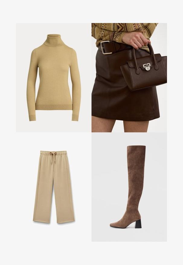 Rullekrave sweater i lys beige, lavet af et glat, blødt strik. Har lange ærmer og en tætsiddende silhuet med ribbet kant.; Beige brede sweatpants med elastisk talje, justerbar snor og sidelommer; blødt stof med en glat tekstur.; Brune støvler over knæet lavet af blødt ruskind med spids tå og en kraftig sort hæl. Designet har sømløs syning for et elegant udseende.; Brun læderhåndtaske med en struktureret overflade og sølvhardware, holdt i hånden ved siden af en brun lædernederdel og en mønstret sweater.