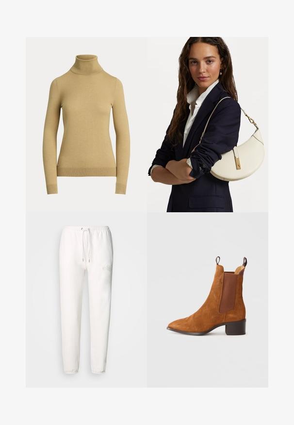 Sweter z golfem w jasnym beżu, wykonany z gładkiego, miękkiego splotu. Posiada długie rękawy oraz dopasowany krój z prążkowanym wykończeniem.; Białe dresowe spodnie uszyte z miękkiego materiału, z elastycznym paskiem w talii i haftowanym logo na lewym udzie. Zwężające się nogawki.; Brązowy zamszowy botek kostkowy z ostrym noskiem, elastycznymi bocznymi panelami i niskim blokowym obcasem. Posiada pętle do łatwego zakładania.; Biała skórzana torebka o zakrzywionym kształcie, ze złotymi akcentami i strukturalnym wykończeniem, noszona na ciemnej marynarce i białej koszuli.