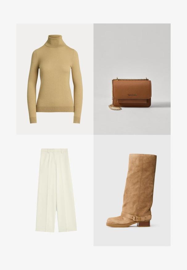 Jersey de cuello alto en un beige claro, hecho de un punto suave y liso. Presenta mangas largas y una silueta ajustada con un dobladillo acanalado.; Pantalones de pierna ancha en tejido blanco roto, con una textura suave, pliegues frontales y un corte recto desde la cintura hasta el dobladillo.; Bota de ante en tono marrón claro, de media caña, con un bajo tacón apilado, puntera redonda y una correa ajustable con un hebilla dorada alrededor del tobillo.; Bolso crossbody de cuero texturizado marrón con correa de cadena dorada y cierre de solapa. La parte frontal presenta un detalle de logo y un bolsillo debajo de la solapa.