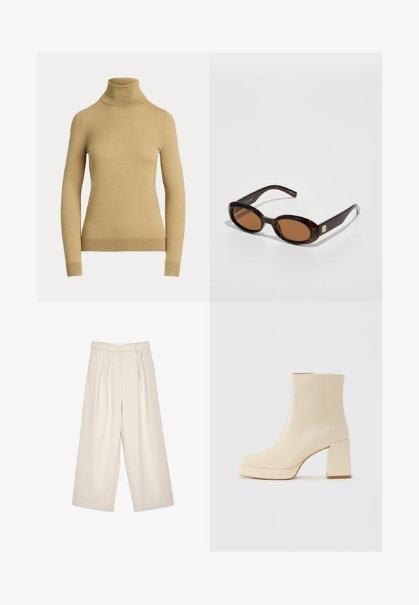 Gaišais beidzis džemperis ar augstu apkakli, izgatavots no gluda, mīksta dzijas. Tam ir garas piedurknes un pieguļošs siluets ar ribotu apakšmali.; Beige platā kāju bikses ar krokām, ar gludu tekstūru un jostas cilpām. Pielāgota piegriezuma, nodrošinot vaļīgu piegulšanu ap kājām.; Beige ādas potītes zābaki ar blokveida papēdi un platformas zoli, gluda virsma un nedaudz kvadrātveida purngali, vērsti pa kreisi uz balta fona.; Brūnas bruņurupuča stilā saulesbrilles ar ovālām lēcām, ar plānu rāmīti un nelielu metāla akcentu malā. Teksturēts un pulēts apdare.; Balta ādas rokassoma ar strukturētu dizainu, kurai ir magnētiska aizdare un plecu josta, parādīta uz neitrāla fona.