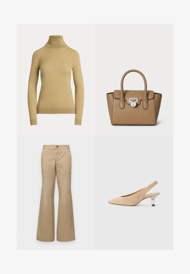 Suéter de gola alta em bege claro, feito de um malha suave e lisa. Apresenta mangas longas e uma silhueta justa com uma bainha canelada.; Calças largas bejes com fecho de botão, bolsos frontais e laterais, e detalhes de costura, feitas de um tecido leve e texturizado.; Sapato slingback em camurça bege com bico apontado e um salto arredondado transparente. Textura suave e design minimalista.; Lauren Ralph Lauren PEBBLED LEATHER SMALL TANNER SATCHEL - Mala de mão - camel