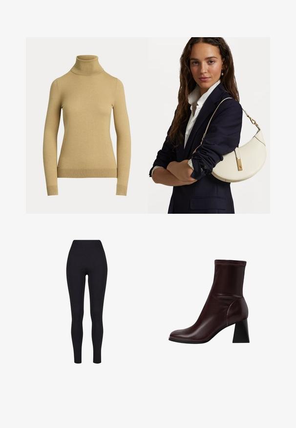 Rollkragenpullover in hellbeige, aus einem glatten, weichen Strickmaterial gefertigt. Mit langen Ärmeln und einer figurbetonten Silhouette, versehen mit einem gerippten Saum.; Schwarze hochgeschnittene Leggings aus dehnbarem Material, mit glatter Textur und figurbetontem Design, ohne sichtbare Nähte oder Muster.; Stradivarius BLOCK - Stiefelette - dark red; Weißes Lederhandtasche mit geschwungener Form, goldenen Beschlägen und strukturiertem Finish, getragen über einem dunklen Blazer und einem weißen Hemd.