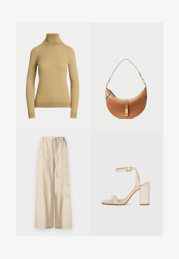 Világos bézs garbó pulóver, sima, puha kötésből készült. Hosszú ujjak és testhez simuló szabás jellemzi, bordázott aljúval.; Világos bézs színű, széles lábú nadrág, puha anyagból, függőleges csíkokkal és rugalmas derékrésszel, amelyhez húzózsinórt is adtak.; Beige színű magassarkú szandál négyzet alakú orral, vékony bokapánttal és tömbsarkúval. Simas bőrfelület arany csattal díszítve.; Nádj bőr kézitáska íves formával, arany színű fém díszítéssel és vékony vállpánttal. Cipzárral záródik és logó részlet található az elején.
