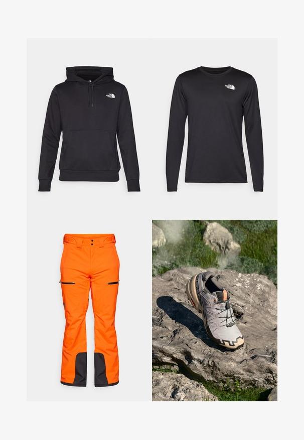 Svart hettegenser laget av mykt stoff, med en frontlomme, snorhette og hvit logo på brystet.; Langermet svart prestasjonstrøye laget av lett stoff, med en hvit logo på øvre venstre bryst. Glatt tekstur.; Lyse orange skibukser med sorte detaljer ved kanten. Har to glidelåslommer på lårene og en forsterket midje.; Lys grå terrengløpesko med beige detaljer, teksturert overdel, sorte snørebånd og markert mønster på sålen. Inkluderer merkevarelogo.