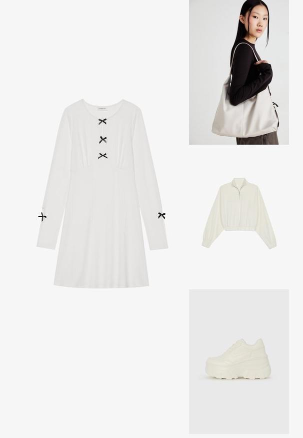 Geknipt pullover in crèmekleurige stof, met een hoge kraag, halve rits, elastische zoom en manchetten, met een soepele textuur en minimalistisch ontwerp.; Witte lange mouwen jurk van ribbelstof, met drie zwarte strikken aan de voorkant en twee op de mouwen. Ronde halslijn, A-lijn vorm.; Witte platform sneakers met een gladde leren bovenkant, afgeronde vorm, gewatteerde kraag en een gestructureerde rubberen zool met duidelijke profiel.; Beige handtas gemaakt van zacht materiaal, met een slonzig ontwerp, gestikte details en twee schouderbanden. Geschikt voor dagelijks gebruik.