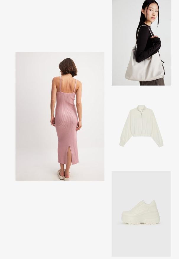 Geknipt pullover in crèmekleurige stof, met een hoge kraag, halve rits, elastische zoom en manchetten, met een soepele textuur en minimalistisch ontwerp.; Roze geribbelde gebreide jurk met dunne bandjes, met een strak aansluitende silhouet en een middellange ontwerp. Gepaard met crèmekleurige instap sandaaltjes.; Witte platform sneakers met een gladde leren bovenkant, afgeronde vorm, gewatteerde kraag en een gestructureerde rubberen zool met duidelijke profiel.; Beige handtas gemaakt van zacht materiaal, met een slonzig ontwerp, gestikte details en twee schouderbanden. Geschikt voor dagelijks gebruik.