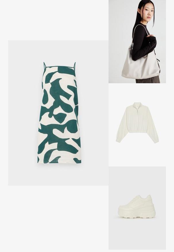 Zkrátený pulover z krémového materiálu, s vysokým golierom, polovičným zipsom, elastickým lemom a manžetami, s hladkou textúrou a minimalistickým dizajnom.; Šaty na ramienkach v krémovej farbe s zeleným abstraktným vzorom maskovania. Majú priame strih a sú vyrobené z ľahkého materiálu.; Biele platformové tenisky s hladkým koženkovým svrchným materiálom, zaobleným tvarom, polstrovaným golierom a textúrovanou gumovou podrážkou s výrazným vzorom.; Béžová kabelka vyrobená z mäkkého materiálu, s uvoľneným dizajnom, prišitými detailmi a dvoma popruhmi na nosenie na pleciach. Vhodná na každodenné nosenie.