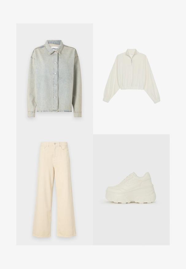 Cropped pullover in cream fabric, featuring a high collar, half-zip closure, elasticated hem and cuffs, with a smooth texture and minimal design.; Light blue denim jacket featuring a collared neckline, front snap buttons, long sleeves, and a relaxed fit with visible stitching details.; Beige wide-leg jeans made of cotton. Features a button closure, belt loops, and front pockets with a smooth, soft texture.; White platform sneakers featuring a smooth leather-like upper, rounded shape, padded collar, and textured rubber sole with defined treads.