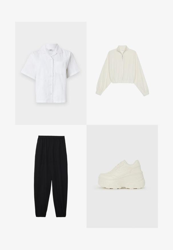 Pullover curto em tecido creme, apresentando um colarinho alto, fecho de meio zíper, bainha e punhos elásticos, com uma textura suave e design minimalista.; Camisa branca de manga curta com um padrão texturizado, frente com botões e bolso no peito. Feita de um tecido leve com um corte descontraído.; Calças pretas, leves, com um cinto elástico e punhos franzidos. O tecido é suave e apresenta um design relaxado e afunilado.; Tênis brancos de plataforma com um cabedal suave semelhante a couro, formato arredondado, colarinho acolchoado e sola de borracha texturizada com ranhuras bem definidas.