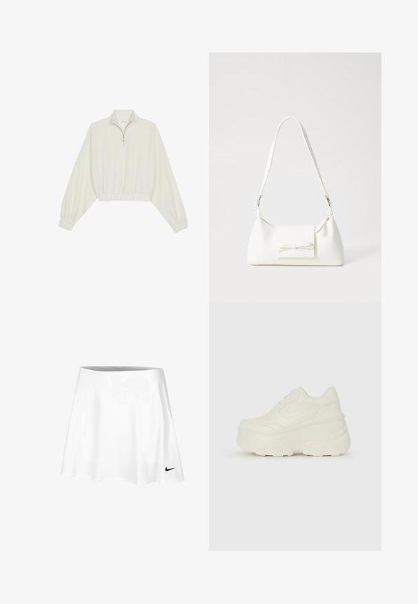 Kreemfarbenest lühikese varrukaga kudum, millel on kõrge kaelus, pool tõmblukk, elastne allosa ja varrukad, sile tekstuur ja minimaalne disain.; Valge tennise seelik, mis on valmistatud kergest kangast, flai'de disainiga ja elastse vöökohtaga. Varrukata on väike must Nike logo.; Valged platvormi tõusukingad, millel on siledast nahast meenutav pealis, ümar kuju, pehmendatud kaelus ja tekstureeritud kummitald koos selgete hüdrofoobsete mustritega.; Valge sünteetilisest materjalist kott kolmnurkse kujuga, lame esiklapiga ja kaaredetailiga, reguleeritava rihmaga, sileda tekstuuriga ja minimalistliku disainiga.