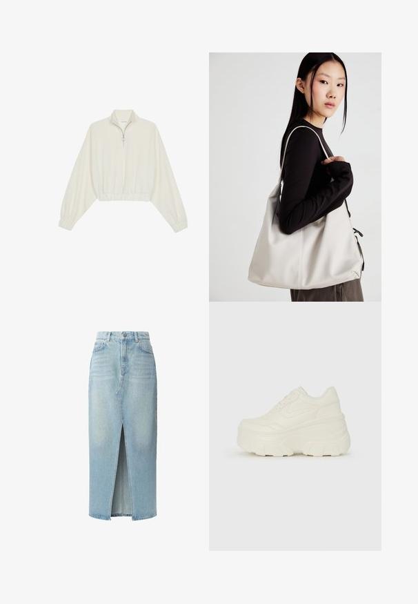 Zkrácený svetr z krémové látky, který má vysoký límec, poloviční zip, elastický spodní lem a manžety, hladkou texturu a minimalistický design.; Světle modrá džínová sukně se předním rozparkem, pěti kapsami a poutky na pásek. Vyrobena z bavlny s hladkou texturou a mírným vyblednutím.; Bílé platformové tenisky s hladkým svrškem podobným kůži, zaobleným tvarem, polstrovaným límcem a texturovanou gumovou podrážkou s vyznačenými vzory.; Beige kabelka vyrobená z měkkého materiálu, s volným designem, prošívanými detaily a dvěma ramenními popruhy. Vhodná pro každodenní použití.