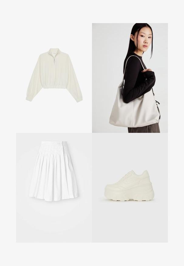 Pulover scurt din stofă crem, cu guler înalt, închidere cu fermoar pe jumătate, elastic la margini și la manșete, cu o textură netedă și un design minimalist.; Fustă albă pliată cu un talie ajustată, având un închidere cu nasture pe lateral și o textură netedă, crocantă.; Adidași platformă albi, cu un superior neted asemănător cu pielea, formă rotunjită, guler căptușit și talpă din cauciuc texturată cu borduri bine definite.; Geantă bej din material moale, cu un design lejer, detalii cusute și două bretele pentru umăr. Potrivită pentru utilizarea zilnică.
