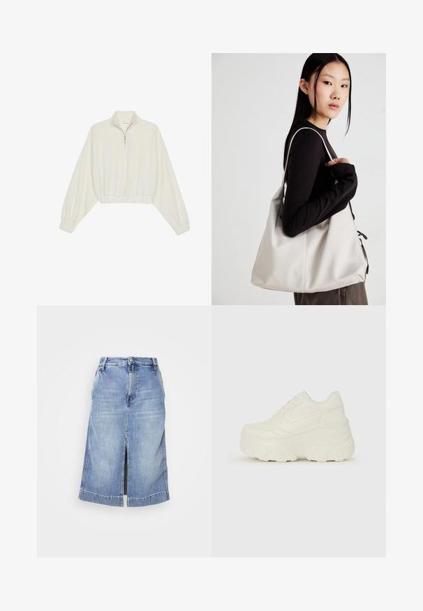 Zkrátený pulover z krémového materiálu, s vysokým golierom, polovičným zipsom, elastickým lemom a manžetami, s hladkou textúrou a minimalistickým dizajnom.; Svetlomodrá džínsová sukňa s dĺžkou po kolená, predným rozparkom a tradičným dizajnom s piatimi vreckami, zapínaním na gombík a pútkami na opasok.; Biele platformové tenisky s hladkým koženkovým svrchným materiálom, zaobleným tvarom, polstrovaným golierom a textúrovanou gumovou podrážkou s výrazným vzorom.; Béžová kabelka vyrobená z mäkkého materiálu, s uvoľneným dizajnom, prišitými detailmi a dvoma popruhmi na nosenie na pleciach. Vhodná na každodenné nosenie.
