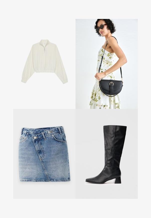 Kreemfarbenest lühikese varrukaga kudum, millel on kõrge kaelus, pool tõmblukk, elastne allosa ja varrukad, sile tekstuur ja minimaalne disain.; Heled sinises denim mini seelik, millel on kaldu õmblust, kaks esist taskut ja kaks metallnuppu vöökohtadel. Kulunud tekstuurne viimistlus.; Must sukalapala nahkasaapad terava nina ja ploki kontsaga, kerget heledal taustal.; Mustmust mustraha kõverate joontega, eemaldatava rihmaga ja kuldsete detailidega. Kotil on klapp, millel on pandladetail.