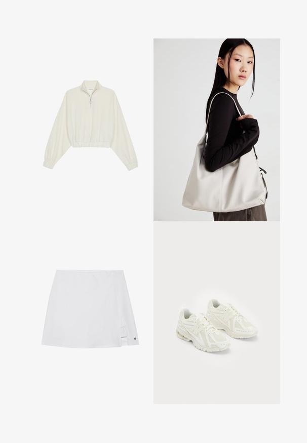 Skórzany pulower w kolorze kremowym, z wysokim kołnierzem, półzamkiem, elastycznym wykończeniem u dołu i mankietami, o gładkiej teksturze i minimalistycznym designie.; Biała spódnica sportowa z bocznym rozcięciem, gładką teksturą materiału i małym czarnym logo w okolicy dołu.; Białe buty sportowe wykonane z siateczki i materiałów syntetycznych, z wiązanym fasonem, wyściełanym kołnierzem i strukturalną podeszwą dla lepszej przyczepności. Lekka konstrukcja.; Beżowa torebka wykonana z miękkiego materiału, charakteryzująca się luźnym fasonem, wyszywanymi detalami i dwoma uchwytami na ramię. Idealna na co dzień.