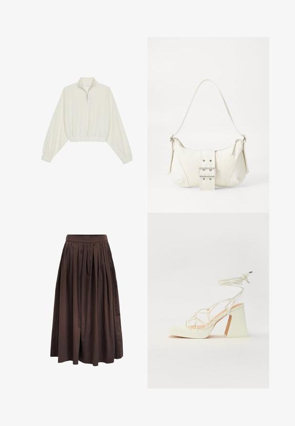 Cropped pullover in cream fabric, featuring a high collar, half-zip closure, elasticated hem and cuffs, with a smooth texture and minimal design.; Brown pleated midi skirt with a high waist, made of smooth fabric, featuring a full silhouette and side pockets for added functionality.; White high-heeled sandal with a chunky heel, featuring a strappy design and ankle tie. Smooth texture with a platform front for added height.; White shoulder bag with a textured finish, a central buckle accent, and a curved shape. Zipper closures on both sides.
