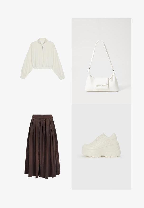 Pullover accorciato in tessuto crema, con colletto alto, chiusura a zip parziale, orlo e polsini elasticizzati, dalla texture liscia e design minimal.; Gonna midi plissettata marrone con vita alta, realizzata in tessuto liscio, caratterizzata da una silhouette ampia e tasche laterali per una maggiore funzionalità.; Sneakers bianchi con piattaforma, caratterizzati da una parte superiore simile alla pelle liscia, forma arrotondata, collo imbottito e suola in gomma testurizzata con scanalature ben definite.; Borsa sintetica bianca a forma triangolare, con patta anteriore piatta e dettaglio a fiocco, tracolla regolabile, texture liscia e design minimalista.