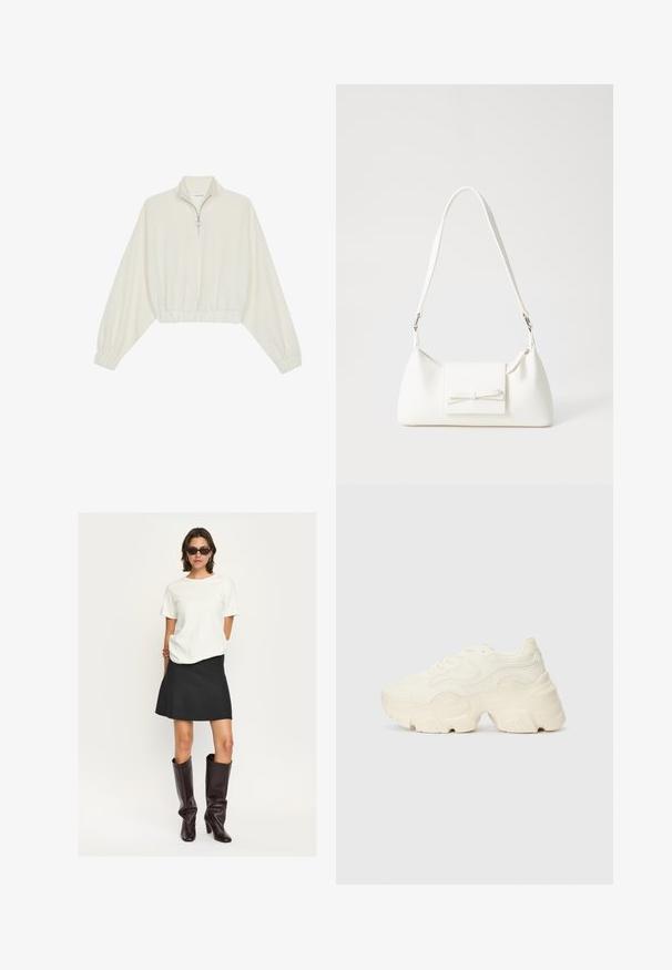Gerippter Pullover aus cremefarbener Baumwolle mit hohem Kragen, halbem Reißverschluss, elastischen Säumen und Bündchen, glatter Textur und minimalistischem Design.; Weißes Kurzarmoberteil kombiniert mit einem schwarzen, ausgestellt geschnittenen Minirock und glänzenden, dunkelbraunen kniehohen Stiefeln. Das Ensemble zeichnet sich durch klare Linien und Texturen aus.; Flockige weiße Sneaker aus strukturiertem Mesh und synthetischen Materialien, mit einer dicken Sohle und komplizierten Mustern entlang der Seiten.; Weiße synthetische Handtasche in dreieckiger Form, flache Vorderklappe und Schleifendetail, verstellbarer Trageriemen, glatte Textur und minimalistisches Design.