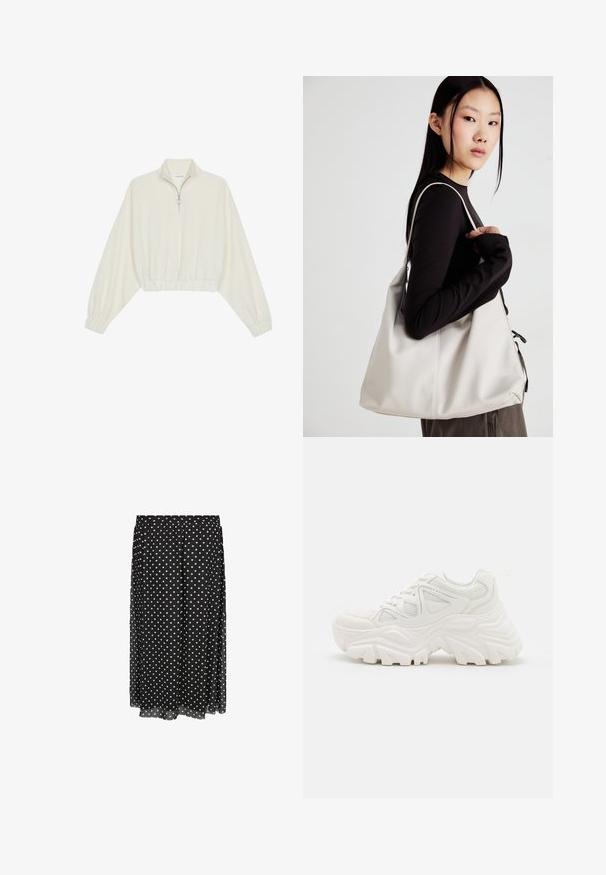Kreemfarbenest lühikese varrukaga kudum, millel on kõrge kaelus, pool tõmblukk, elastne allosa ja varrukad, sile tekstuur ja minimaalne disain.; Mustvalge täpid, kergest kangast seelik, elastse vöökoha ja ühtlaselt jaotatud valgete täppidega, alläärel stepp.; Valged jämedad sneakers, millel on tekstureeritud ülemine osa, võrgusilma paneelid ja paksud kummist tallad, millel on silmapaistev mustrimuster. Paelad ja tõmbeosa on kaasa arvatud.; Bež käekott pehme materjali, millel on lõtv disain, õmblustega detailid ja kaks õlarihma. Sobib igapäevaseks kasutamiseks.