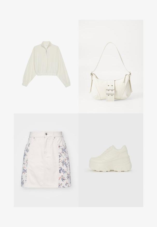 Krém színű, rövidített pulóver, magas gallérral, félig cipzáros záródással, elasztikus derék- és ujjakrésszel, sima textúrával és minimalista dizájnnal.; Fehér farmer szoknya virágos és paisley hímzéssel az oldalán, gombos záródással és övbújtatókkal. Klasszikus öt zsebes kialakítás.; Fehér platform sportcipők, sima bőrszerű felsőrésszel, kerek formával, párnázott bokával és texturált gumitalppal, jól definiált mintázattal.; Fehér válltáska texturált felülettel, középen csattogó részlettel és íves formával. Cipzáras záródás mindkét oldalon.