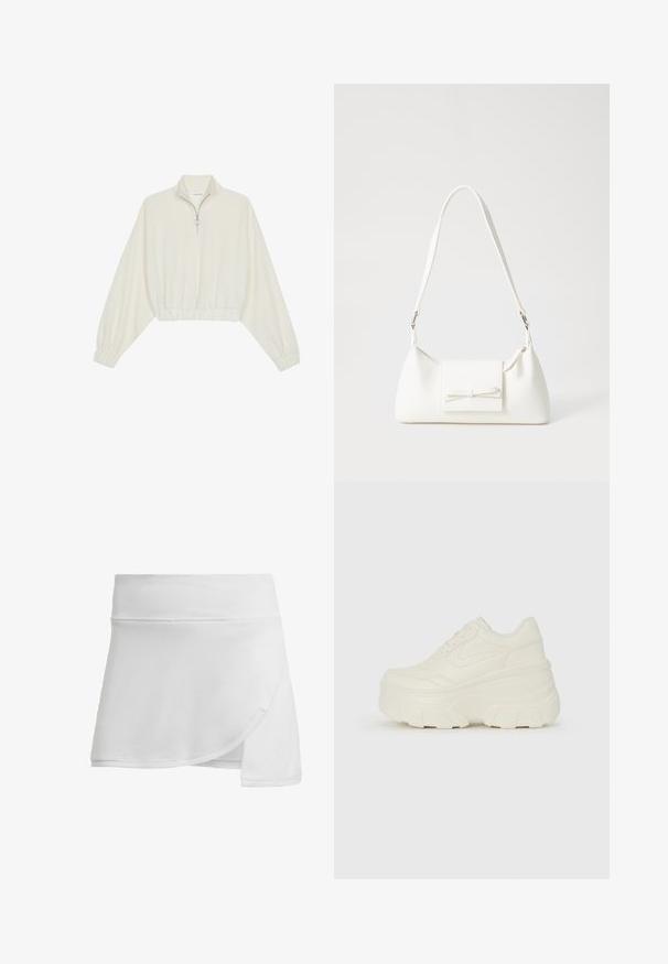 Pullover curto em tecido creme, apresentando um colarinho alto, fecho de meio zíper, bainha e punhos elásticos, com uma textura suave e design minimalista.; Skort atlético branco feito de tecido texturizado e respirável. Apresenta um design envolvente com uma cintura lisa e uma forma rodada para facilitar o movimento.; Tênis brancos de plataforma com um cabedal suave semelhante a couro, formato arredondado, colarinho acolchoado e sola de borracha texturizada com ranhuras bem definidas.; Mala sintética branca com formato triangular, aba frontal plana e detalhe de laço, alça ajustável, textura suave e design minimalista.