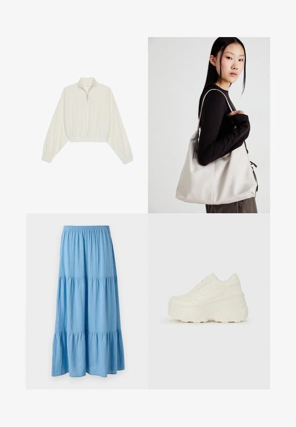 Krém színű, rövidített pulóver, magas gallérral, félig cipzáros záródással, elasztikus derék- és ujjakrésszel, sima textúrával és minimalista dizájnnal.; Világoskék, réteges maxi szoknya, puha anyagból készült, rugalmas derékkal és laza, fodros aljjal.; Fehér platform sportcipők, sima bőrszerű felsőrésszel, kerek formával, párnázott bokával és texturált gumitalppal, jól definiált mintázattal.; Puha anyagból készült bézs kézitáska, laza dizájnnal, varrott részletekkel és két vállpánttal. Mindennapi használatra alkalmas.