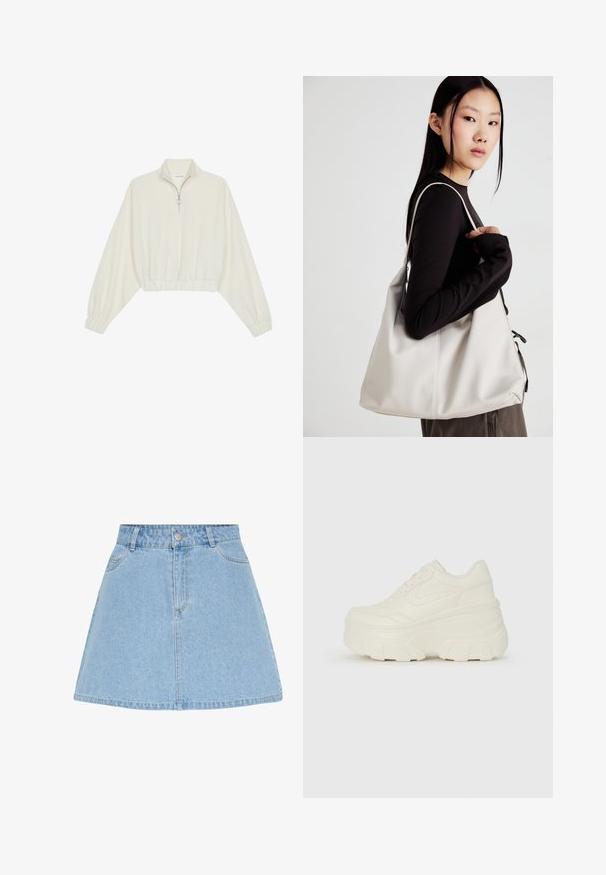 Pullover curto em tecido creme, apresentando um colarinho alto, fecho de meio zíper, bainha e punhos elásticos, com uma textura suave e design minimalista.; Saia de ganga azul clara com um formato evasé, cintura alta, bolsos frontais e fecho em botão prateado na cintura; sem padrões visíveis.; Tênis brancos de plataforma com um cabedal suave semelhante a couro, formato arredondado, colarinho acolchoado e sola de borracha texturizada com ranhuras bem definidas.; Uma bolsa bege feita de material macio, com um design descontraído, detalhes de costura e duas alças para o ombro. Adequada para uso diário.