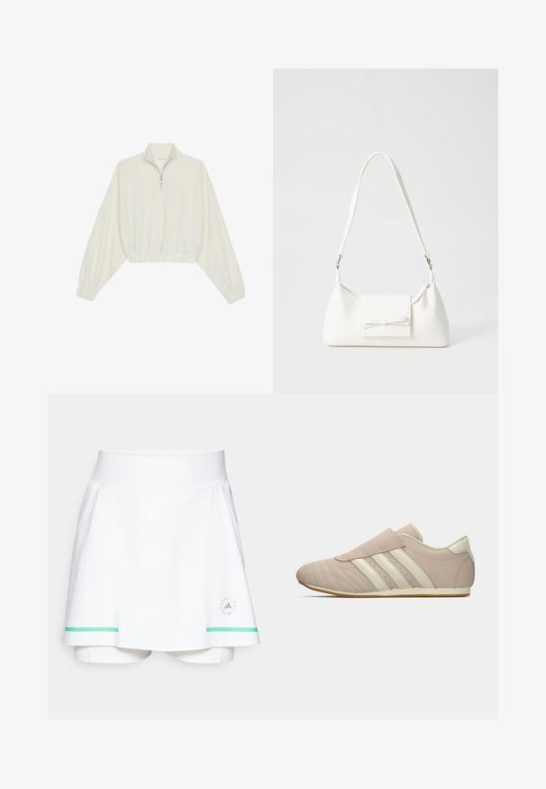 Kratka pulover v kremnem blagu, z visokim ovratnikom, pol-zadrgo, elastičnim robom in manšetami, z gladko teksturo in minimalističnim oblikovanjem.; Bela športna krilca z širokim pasom, ki imajo svetlo zeleni poudarek na robu in logo na spodnji strani. Gladka tekstura tkanine.; Bežni športni copat z kremnimi črtami, oblazinjenim petnim delom, šivanimi detajli in ravnim gumijastim podplatom, predstavljen s strani na beli ozadju.; Bela sintetična torbica v obliki trikotnika, z ravnim sprednjim poklopcem in detajlom mašne, nastavljivim trakom, gladko teksturo in minimalističnim dizajnom.