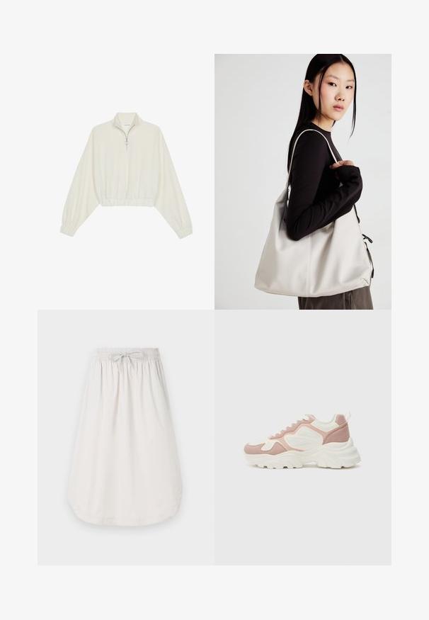 Pullover curto em tecido creme, apresentando um colarinho alto, fecho de meio zíper, bainha e punhos elásticos, com uma textura suave e design minimalista.; New Balance Saia evasé - grey matter; Tênis chunky em rosa e branco; apresenta painéis de malha e camurça, costuras decorativas e uma sola de borracha grossa com textura no solado.; Uma bolsa bege feita de material macio, com um design descontraído, detalhes de costura e duas alças para o ombro. Adequada para uso diário.