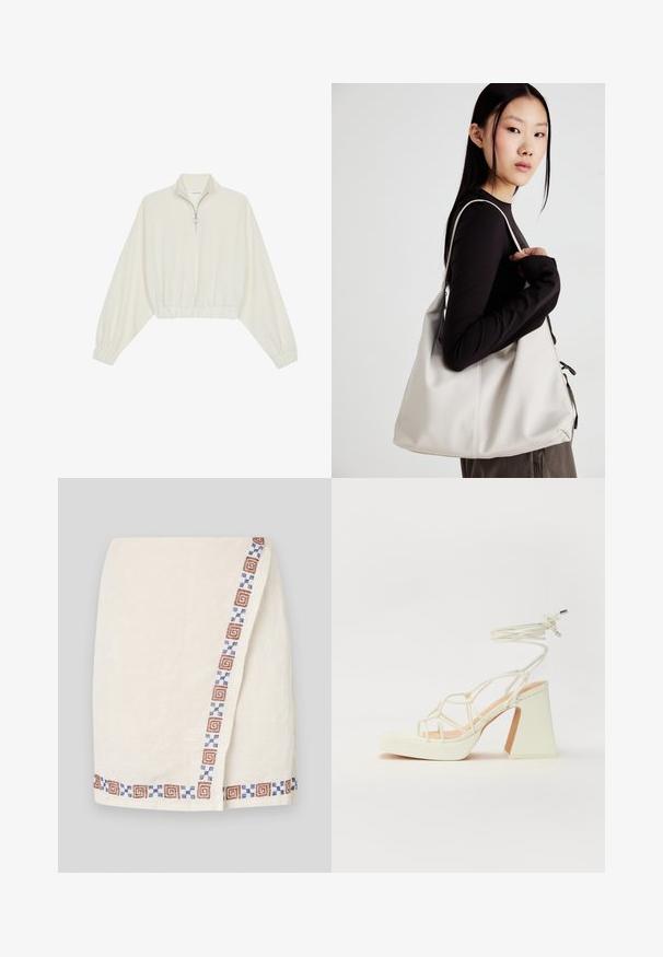 Kratka pulover v kremnem blagu, z visokim ovratnikom, pol-zadrgo, elastičnim robom in manšetami, z gladko teksturo in minimalističnim oblikovanjem.; Kremno oblečeno krilo iz teksturiranega materiala, ki ima na eni strani obrobo z vzorcem v rjavih in modrih geometrijskih oblikah.; Bela sandala na visokih petah s debelim petam, ki ima obliko trakcev in vezanje okoli gležnja. Gladka tekstura z platformo spredaj za dodatno višino.; Bežna torbica iz mehkega materiala, z ohlapno zasnovo, šivi in dvema naramnicama. Primerna za vsakodnevno uporabo.
