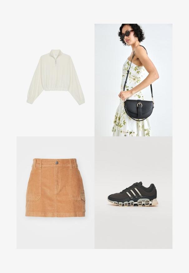 Skórzany pulower w kolorze kremowym, z wysokim kołnierzem, półzamkiem, elastycznym wykończeniem u dołu i mankietami, o gładkiej teksturze i minimalistycznym designie.; Mini spódnica z sztruksu w jasnobrązowym kolorze, z wysokim stanem, przednimi kieszeniami i gładką fakturą z pionowymi prążkami.; Czarne sportowe buty z teksturowaną cholewką, trzema srebrnymi paskami i charakterystyczną podeszwą z amortyzacją, składającą się z wielu zintegrowanych sekcji.; Czarna skórzana torebka o zakrzywionym kształcie, z odpinanym paskiem i złotymi akcentami. Torebka posiada klapę z zapięciem w kształcie klamry.