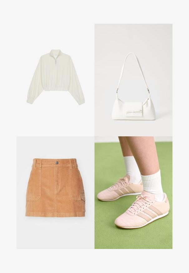 Pullover curto em tecido creme, apresentando um colarinho alto, fecho de meio zíper, bainha e punhos elásticos, com uma textura suave e design minimalista.; Mini saia de camurça em castanho claro, com uma cintura alta, bolsos frontais e uma textura suave com riscas verticais.; Ténis atléticos rosa claro com costura diagonal, solas brancas e três riscas laterais. Usados com meias brancas com nervuras sobre uma superfície verde.; Mala sintética branca com formato triangular, aba frontal plana e detalhe de laço, alça ajustável, textura suave e design minimalista.