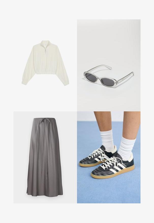 Pullover curto em tecido creme, apresentando um colarinho alto, fecho de meio zíper, bainha e punhos elásticos, com uma textura suave e design minimalista.; Saia maxi cinza feita de um tecido leve e suave. Possui uma cintura elástica com cordão para ajuste e fendas laterais para maior liberdade de movimento.; Sapatilhas de couro preto com riscas brancas, biqueira redonda, atacadores brancos e sola de borracha de goma. Destacadas pelo colarinho acolchoado e detalhes de marca.; Óculos de sol com formato oval, armação de plástico transparente, lentes cinza-escuro e hastes finas transparentes com detalhes do logótipo e um design minimalista.